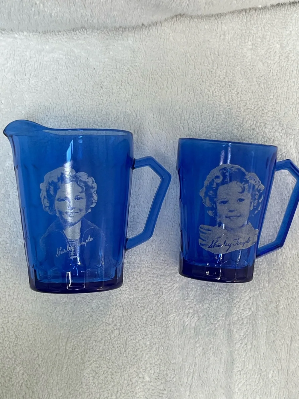 Cobalt Blue Depression Glass Pitcher & Mug Shirley Temple Vintage Set 1930’s EUC